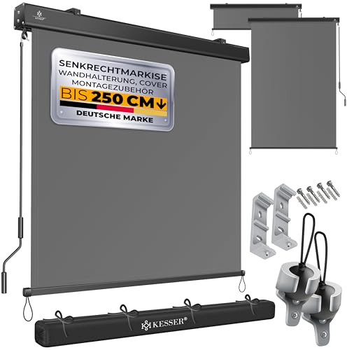 KESSER® Store Vertical Extérieur Avec Mécanisme à Manivelle - Protection Solaire et Visuelle Pour Balcon et Terrasse - Coffre de Store Gris - 140 x 250 cm