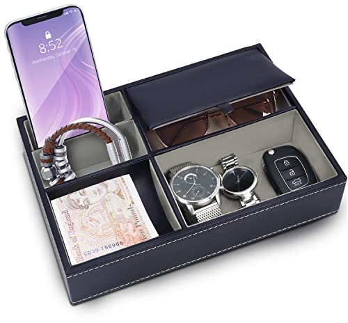 BELLE VOUS Marineblaues Kunstleder Tablett mit 5 Fächern - Taschenleerer Leder für Brieftasche, Telefon, Schlüssel, Schmuck, Herrenaccessoires, Geld, Manschettenknöpfe - Nachttisch Organizer