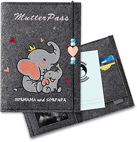 Mutterpasshülle aus Filz, Elefanten Stickmuster mit Fächern zur Aufbewahrung von Mutterpass,Ultraschallbildern und Impfpass usw,Süßes Geschenk für Schwangerinen und Zukunftige Mütter (Dunkelgrau)