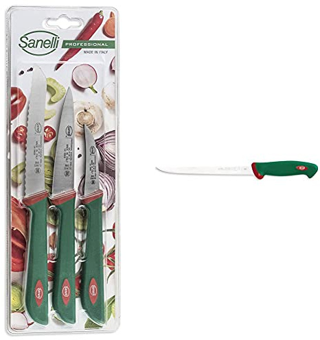 Sanelli Set 3 Coltelli Frutta E Verdura: Spelucchino Multiuso Cm.10-Pomodoro Cm.12-Verdura Cm.6 & Premana Professional Coltello Da Filettare Pesce, Acciaio Inossidabile, Verde/Rosso, 22 Cm