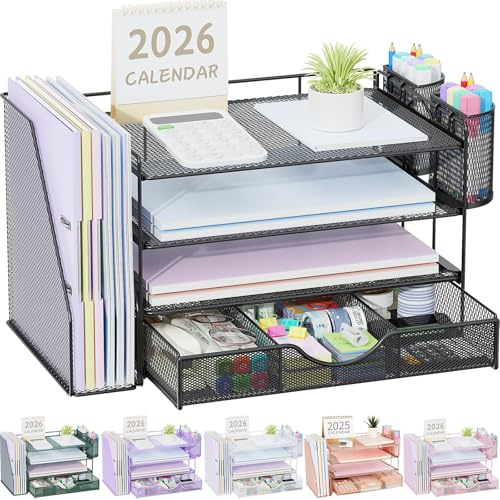 gianotter Desk Organizers and Accessories with File Holder, 4-Tier Desk Accessories & Workspace Organizers with Drawer and 2 Pen Holder, Paper Organizer for Office Supplies (Black)