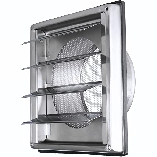 DOMUX 125mm Edelstahl Lüftungsgitter Mit Rückschlagklappe, Lamellen Und Insektenschutz - Optimal Für Die Außenwandmontage Von Lüftungsanlagen Und Dunstabzugshauben Mit Kautschuk-Dichtung Und Schrauben | Insektennetz, wetterfest, automatischer Rücklaufschutz, innen/außen, 185 x 185 mm