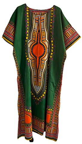 Dam 100 % bomull lång kaftan klänning sommar dashiki afrikanskt tryck en storlek lös baggy stil strandöverdrag, gRÖN, en storlek