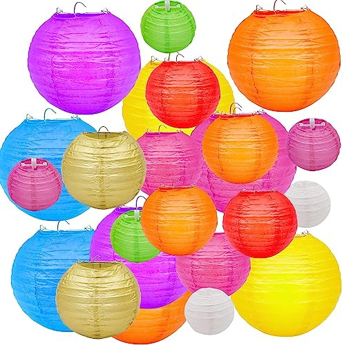 Aohcae 20 Stück Papierlampion Bunt, Papierlampions Set Papierlampe Rund Lampion Outdoor Lampenschirm Papier Lampions Wetterfest Kann Kritzeln, Schreiben, Dekorieren