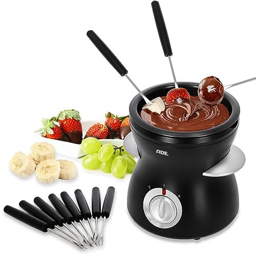 ADE Fondue eléctrica de Chocolate con 2 Niveles de Temperatura | Fuente de Chocolate con 8 Tenedores | Chocolatera con Recipiente extraíble con Revestimiento de teflón | Capacidad de 500 ml