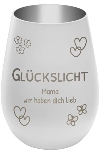 Graviertes Windlicht Glückslicht - personalisierbar mit Wunschtext - Weiss/Silber - Höhe 12 cm - Geschenk Teelichthalter Kerzenglas