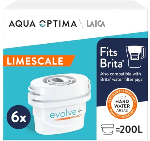 Aqua Optima by LAICA Evolve+ Hard Water Limescale Filter Cartridges,6 Pack | Fits Brita jugs & reduces limescale, chlorine and impurities in hard water areas, advanced filtration for kitchen appliances.