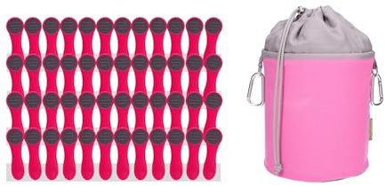 48 Wäscheklammern mit Druckfedern aus Edelstahl, Softtouch Pink, 1 Canvas Wäscheklammerbeutel Pink Grau