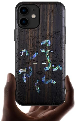 Carveit Coque Compatible avec iPhone 11 Étui en Bois Cover [Gravure en Bois et Incrustation de Coquille] Case pour 11 Coque Premium (Bois Sombre-L'énigme méduse)