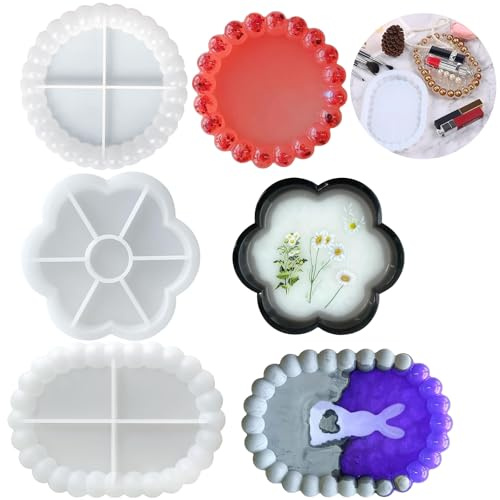 3Stück Cup Pad Silikon Tablett, Silikonform Untersetzer, Bubble Tray Epoxidharz Gießform, DIY Runde Schale Silikonformen, Dekorative Schmuck Aufbewahrungsform, Rund Oval Blumen Platte Form für Resin