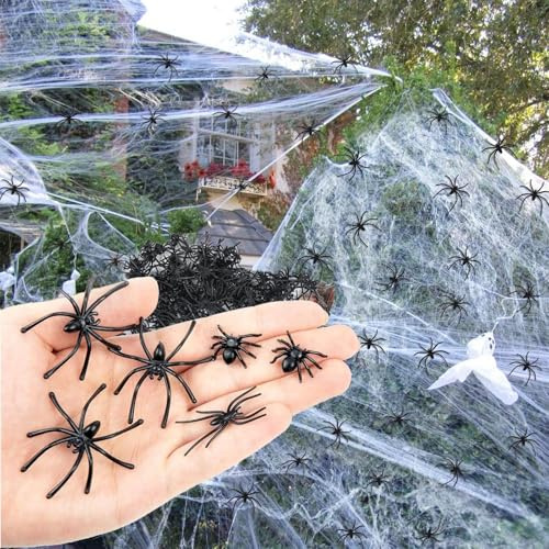 Bstalpine Cover 1500 sq ft Halloween Spider Web Decoration – 300g Cobwebs with 60 Spiders, Scary Halloween Decorations for Indoor & Outdoor, Garden Party, Haunted House & Fireplace