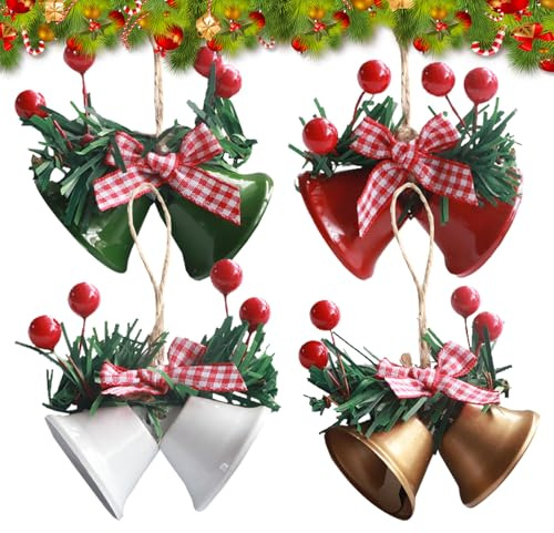 CutitiUU 4 Stück Weihnachtlicher Eisen-Doppelhornglocken-Anhänger,Weihnachtsbaum Glöckchen zum Aufhängen,Weihnachtsglocken,Decor Christmas Ornaments Iron Christmas,Metallglocken,Metal Hang up