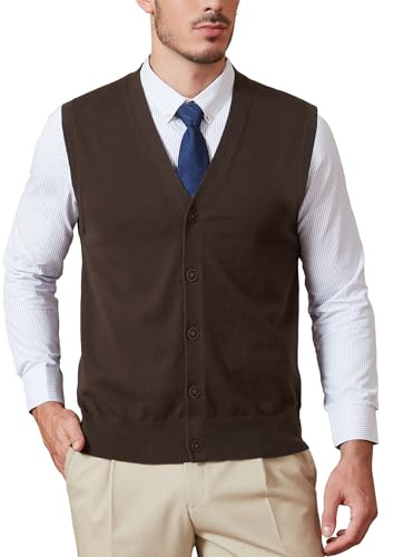 Kallspin Maglione da uomo 100% cotone con scollo a V, senza maniche, con bottoni, cardigan casual elegante, lavorato a maglia, gilet, pullover, Marrone, L