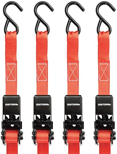 CRAFTSMAN CMXAZBS9004 Lot de 4 Sangles d'arrimage à cliquet de 2,5 cm x 3 m – Légères (résistance à la Rupture de 408 kg) – Noir/Rouge