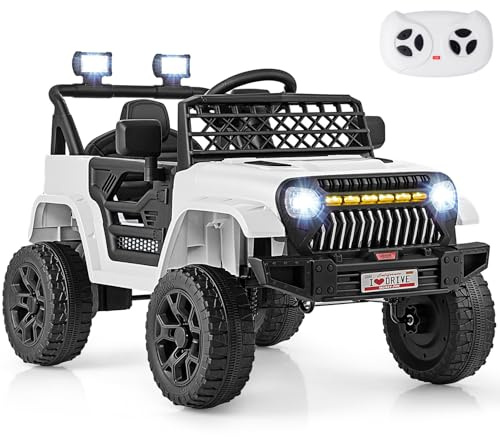 GYMAX Kids Ride on Car, 12V Battery Powered Toy Car with Remote Control, Lights, Music, Horn, Bluetooth, USB, Shock Suspension and Slow Start, Children Electric Off Road Truck for 3 Years Old+ (White)