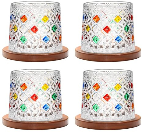 Uten Calice da Acqua Rotante, 275 ML/10 OZ Bicchiere Whisky Cristallo, Sottobicchiere in Bambù, Sensazione Spessa, Coppa da Rum Vetro Latte, Relax e Decompressione, 4 Bicchiere
