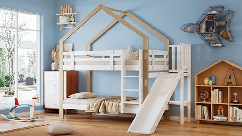 Gelukueub Letto a castello con scivolo e scala angolare a tre livelli, letto con protezione anticaduta, letto per bambini, telaio in legno massello bianco+naturale, 90 x 200 cm
