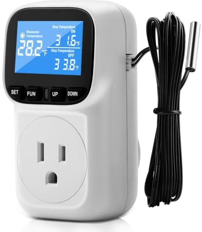 Diymore 1800W Plug in Digital Thermostat Temperature Controller Electric Thermostat Outlet Heating Cooling Control Mode Timer 120V 15A -104 ℉~210 ℉ Greenhouse with Thermostat Pool Thermometer