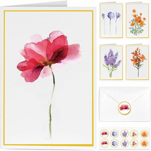 Auiremrti 10er Set Blanko-Grusskarten Mit Umschlägen Und Stickern, Elegante Florale Designs,300 Gsm Karten Für Geburtstag mit Goldfolie,Dank oder Anlässe