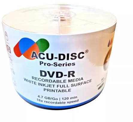 ACU-DISC Pro-Series DVD-R Blank 16x 4.7GB 120 Mins Full Face Brilliant White Inkjet Printable Blank Discs 13686 - 50 Pack