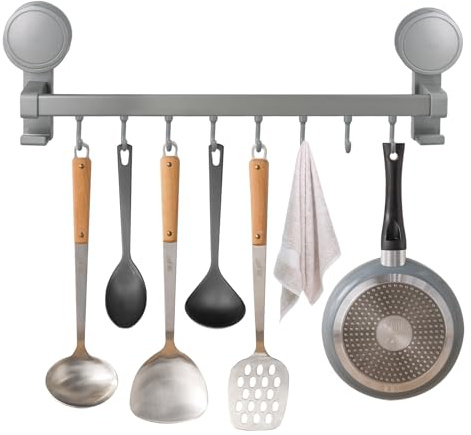 Anseom Gancio da Cucina senza Foratura, Ventosa Porta Utensili da Cucina con 8 Ganci, Gancio da Parete Mobile Barra Portautensili Cucina, Utilizzabile in Bagno e Cucina (Grigio)
