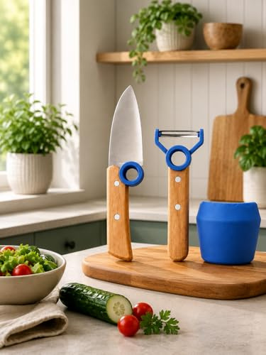Market Stylez Kinder Kochmesser Set - 3 teilig - Kochmesser - Fingerschutz - Sparschäler - rostfrei Blau