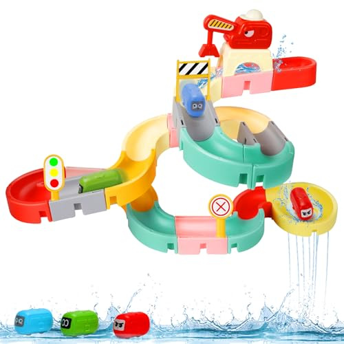 JoiTale Kids Bath Toys, 37 PCS DIY Bath Track Game Shower Water Toys, Traffic Theme Slide Bath Toy with Suction Cups & Cars, Bath Time Bathtub Toys for 3 4 5 Year Old Boys Girls Toddler