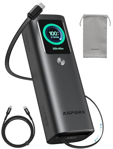 AsperX Laptop Power Bank, 165W 20,000mAh, Retractable Cables, Aluminum Alloy Unibody Portable Charger Power Bank, Battery Bank for MacBook Pro/Air/iPhone 17/iPad Pro/S25 Ultra/Dell/HP(TSA-Approved)