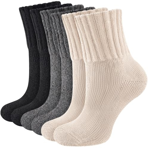 Niorasen Thermal Socks for Women, 3 Pairs Wool Winter Warm Thick Socks, Full Cushioned Cosy Comfy Ladies Hiking Walking Boot Crew Sock with Gifts Box, 4-8 Black DarkGrey Apricot