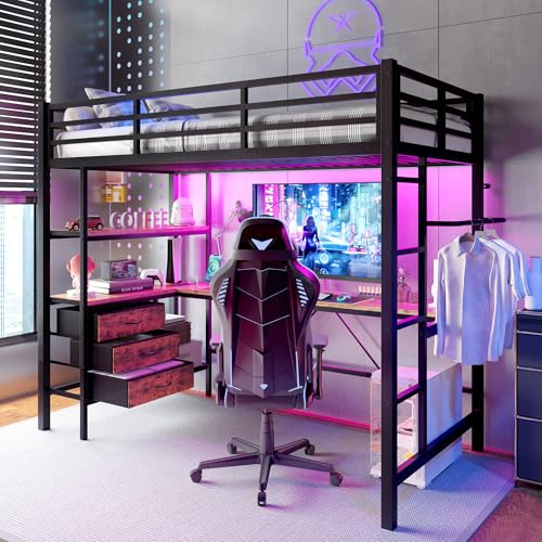 Merax Hochbett mit Schreibtisch 90x200 cm, Metallbett Kinderbett mit Schubladen und Regalen, Bettgestell mit LED-Beleuchtung, Steckdosen & USB - Für Kinder/Erwachsene, ohne Matratze, Schwarz