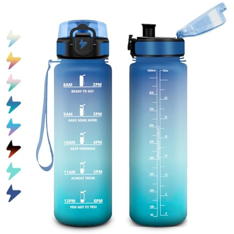 Sportflasche 1L, Wasserflasche Kohlensäure Geeignet, Trinkflasche mit Zeitmarkierung, Auslaufsicher Wasserflasche mit Filter, Sport Trinkflasche für Klettern, Büro, Picknick, Sprudel, Wandern