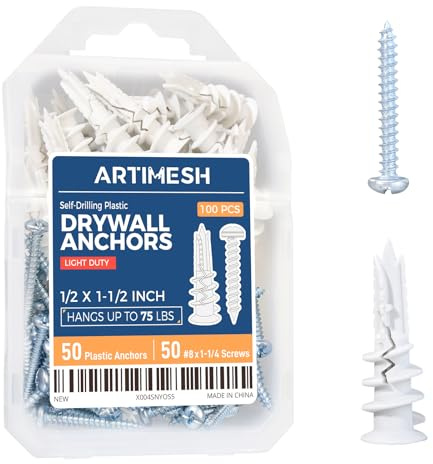 ARTIMESH 8# 100PCs Self Drilling Drywall Anchors Kit - 75LBs Heavy Duty Plastic Drywall Hangers with 50 Self-Tapping Screws - Mounting Hardware for Sheetrock Anchors