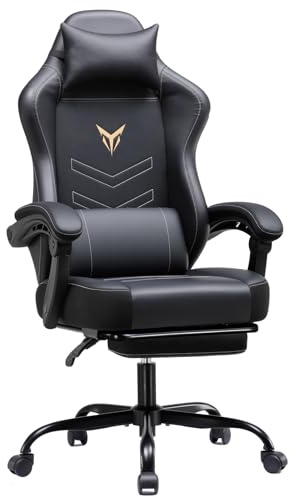 GTPLAYER Gamingstol, ergonomisk gamerfåtölj med fotstöd, kontorsstol justerbar höjd med huvud- och ländryggskudde, snurrstol av konstläder svart
