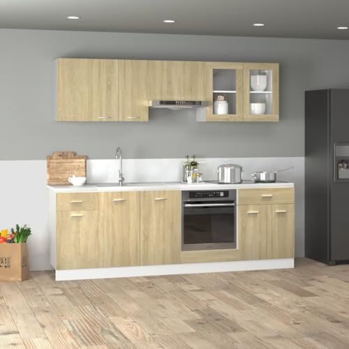 Qnhdfrt Lyon Lot de 8 armoires de cuisine en bois de chêne Sonoma 80 cm de large avec armoire suspendue, armoire de rangement et four encastrable, peu encombrant, pour cuisine, salon ou couloir