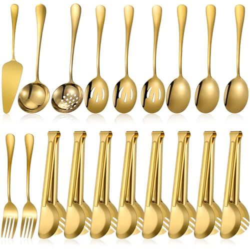 Tanlade 19 Pcs Gold Stainless Steel Serving Utensils Set Flatware Include Forks Spoons Slotted Spoons Soup Ladle Skimmers Pie Server Serving Tongs for Buffet Party Breakfast Home Dinner