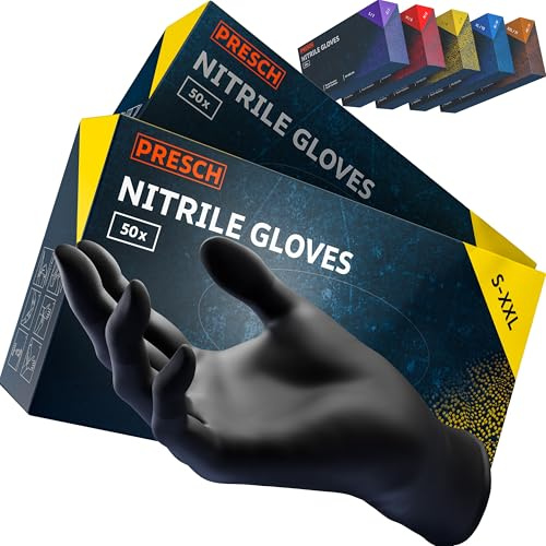 PRESCH Guanti nitrile Nero 100 pz. (M - 8) - Guanti monouso con punta delle dita testurizzata - Senza lattice e polvere - Antistrappo con bordo arrotolato rinforzato