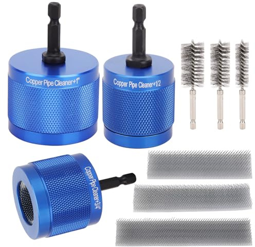 Nettoyeur pour Tube Cuivre pour Perceuse 15mm 22mm 28mm avec Tige Hex. 1/4 | 3 Lames de Brosse & 3 Brosses à Tuyau, Outils de Plomberie pour Nettoyer, Polir, Dérouiller (1/2 3/4 1, Bleu)