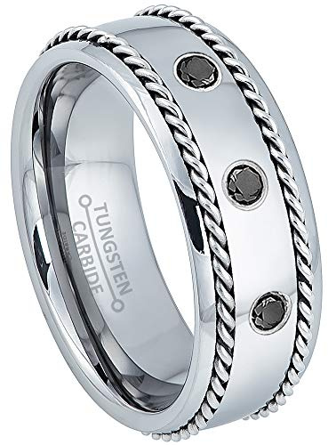 Jewelry Avalanche 0.21ctw Black Diamond 3-Stone Mens Tungsten Ring - 8MM Comfort Fit Polished Dome Tungsten Carbide Wedding Band with Double Stainless Steel Rope Inlay - 9.5