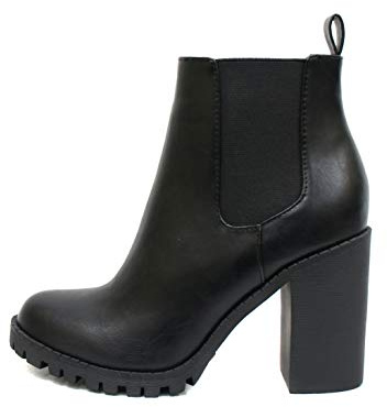 Soda Glove - Ankle Boot w/Lug Sole Elastic Gore and Chunky Heel (Black, 7)