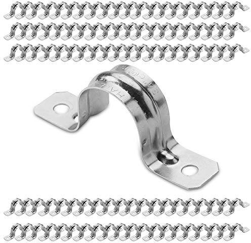 OHLECTRIC Heavy Duty Pipe Strap (100 Pack - ½ Inch) Stainless Steel Conduit Clamps, 2 Hole Steel EMT Pipe Strap U Bracket, Zinc Coated Tension Tube Clip, Metal Pipe Clamp for EMT Conduits