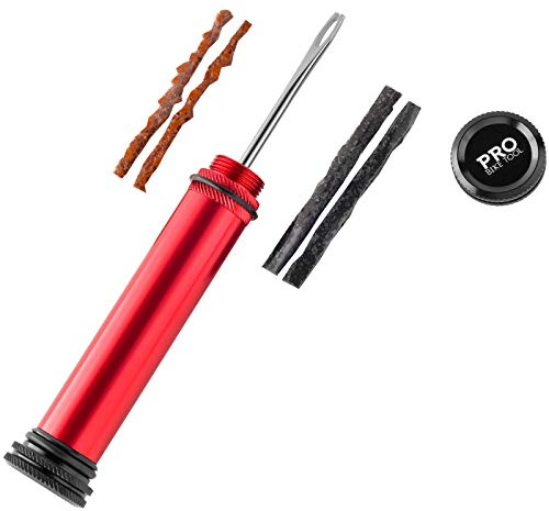 Tubeless Bike Tire Repair Kit – Handlebar Insert - for MTB and Road Bicycle Tires – Fix a Puncture or Flat, Fast – Tackle Set Includes Storage Canister Plugger Tool & Plugs - 2 Bacon & 2 Black Strips`