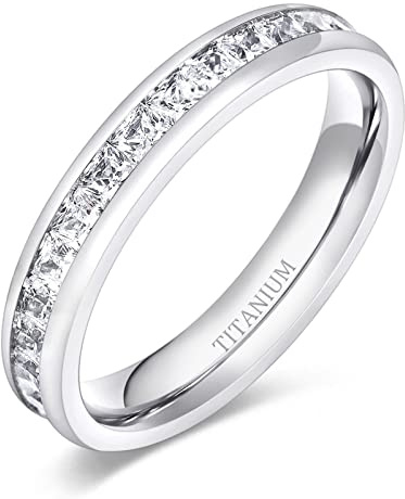 TIGRADE 4mm Women Titanium Engagement Ring Cubic Zirconia Eternity Wedding Band Size 3 to 13.5 (4MM-Square CZ, 10)