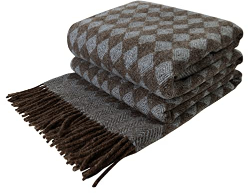 LYHome Lammwolldecke 100% Schurwolle - Warm Winterdecke Couchdecke Sofadecke, Kuscheldecke Tagesdecke, Winter Decke Sofa, Warme Decken Couch (140x200 cm, Blau - Braun Skandinavische Rauten)