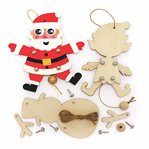 Baker Ross FC192 Weihnachts Handpuppen Dekorationen - 3er Pack, Bastel deine eigenen Holzpuppen, Holzbastelset für Kinder zum Zusammenbauen und Dekorieren