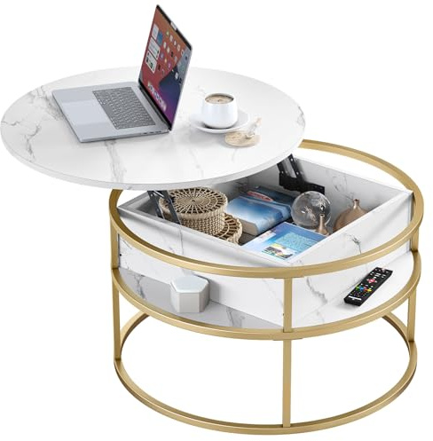 YITAHOME café Mesa de Centro con Tapa abatible, Madera de ingeniería, Blanco/Dorado, 80x80x47cm