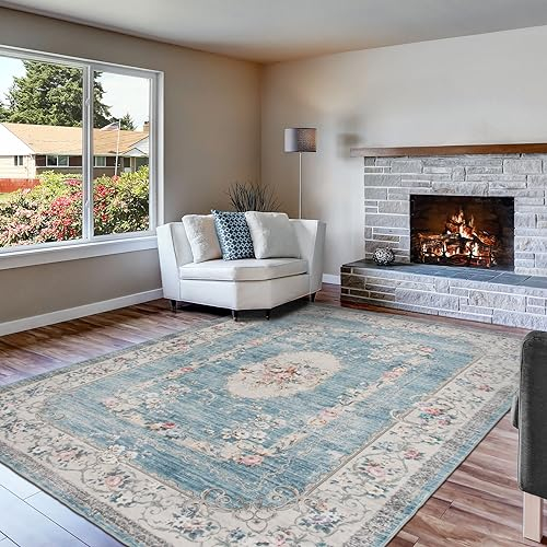 TALETA Teppich Wohnzimmer waschbar rutschfest, Kurzflor Teppich Schlafzimmer, Vintage Teppich orientalisch, Carpet Living Room, groß Teppich 190 x 280 cm, blau