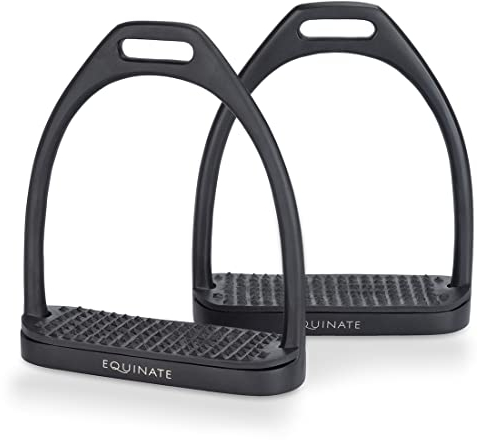 Equinate Steigbügel Midway 12cm Schwarz Matt - Mit Anti-Rutsch Trittfläche aus Gummi - Für Erwachsene und Kinder - 2 Stück