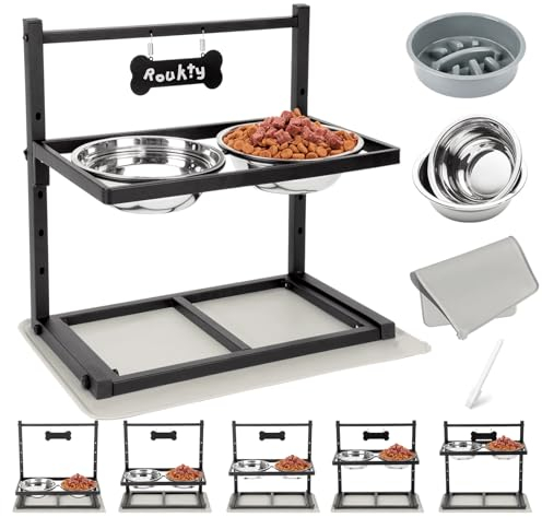 ADENGL Elevated Dog Bowls with Slow Feeder, 5 Adjustable Heights, Anti-Slip, Durable Metal Frame, Spill Proof Mat, Rust-Resistant Bowls, Easy to Clean
