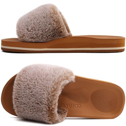 COFACE Womens Slippers with Arch Support Open Toe Faux Fur Women Fluffy Sliders Size 7 Orthopedic Orthotic Ladies House Slippers for Plantar Fasciitis