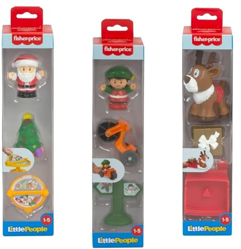Mattel Fisher‑Price Little People 2023 Holiday Figure Sets Complete Bundle of 3 Packs – Reindeer, Sleigh & Present; Elf & Tricycle; Santa & Tree (Pack of 3)